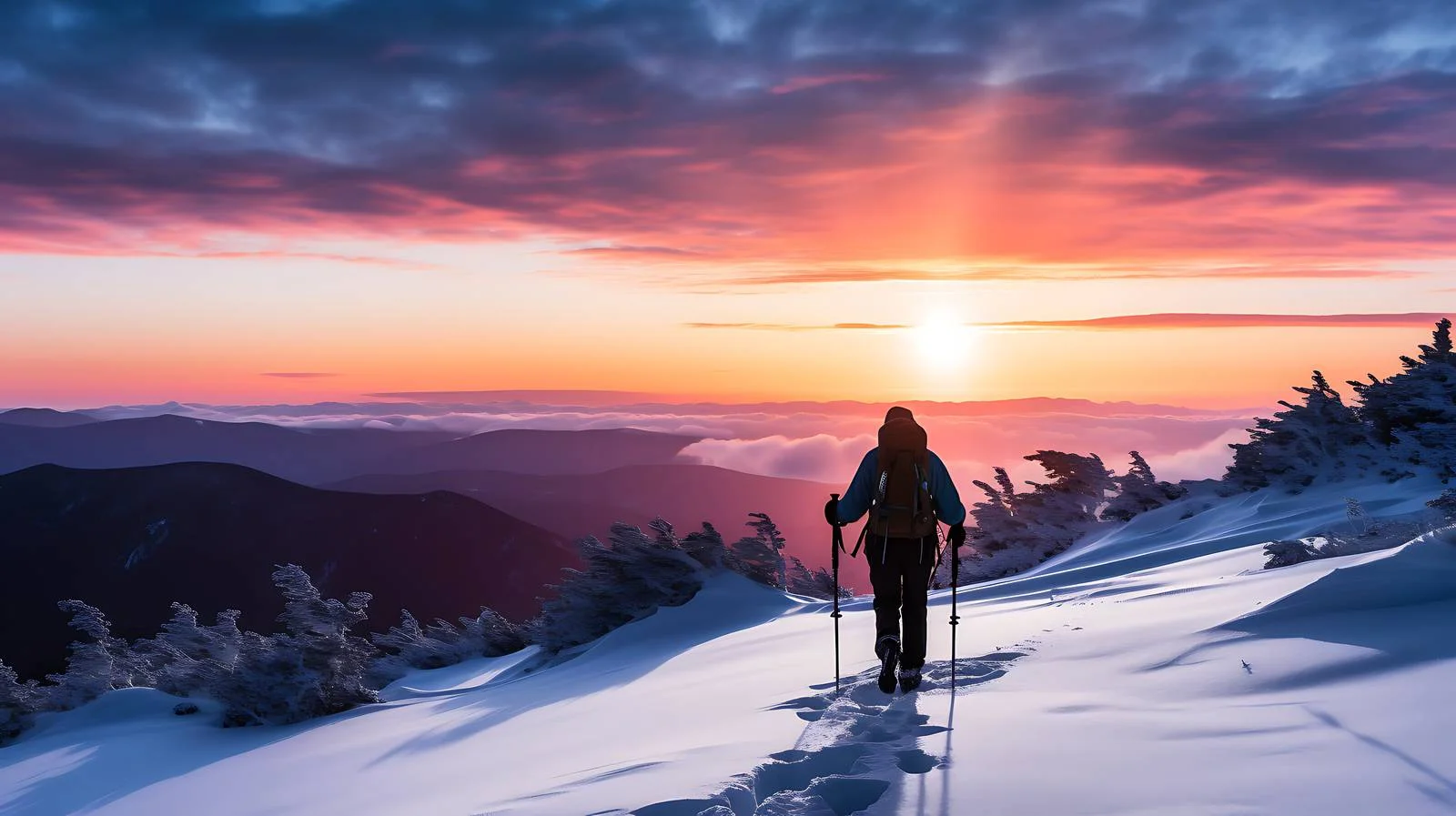 Winter Sunrise Hiker Silhouette in White — free download from Dotvec