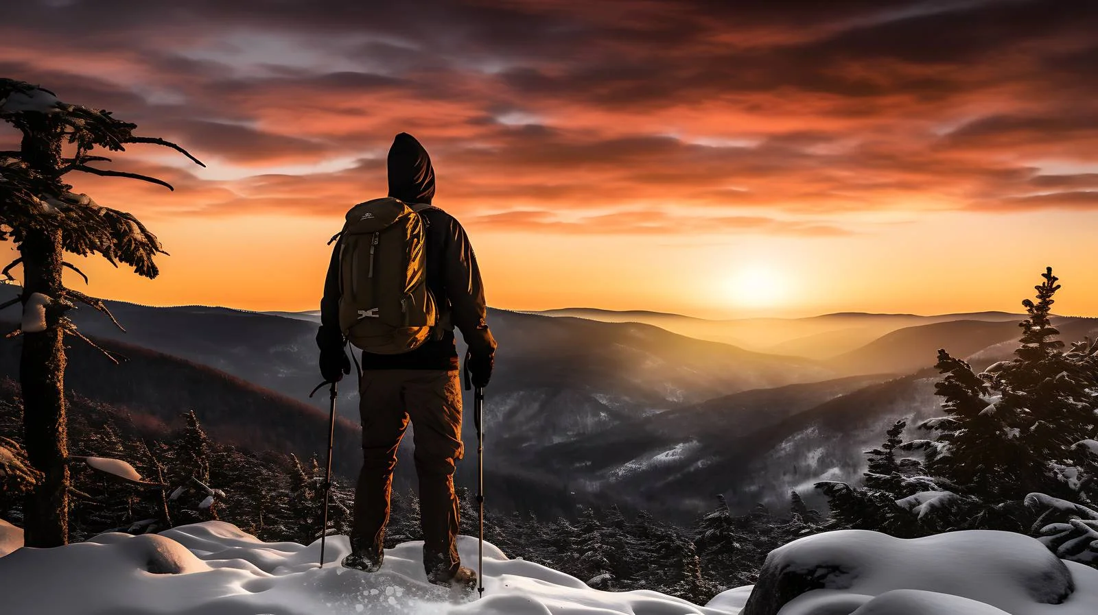 Winter Hiker Silhouetted at Sunrise in White — free download from Dotvec