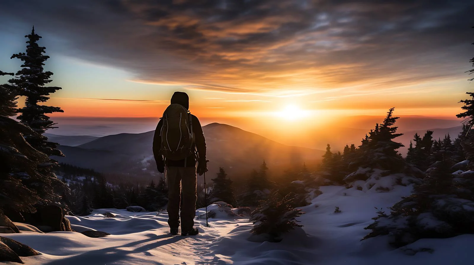 Winter Sunrise Silhouette of Hiker in White — free download from Dotvec
