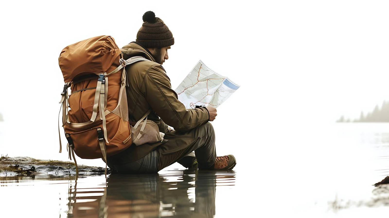 Serene Hiker Mapping by Riverbank — free download from Dotvec