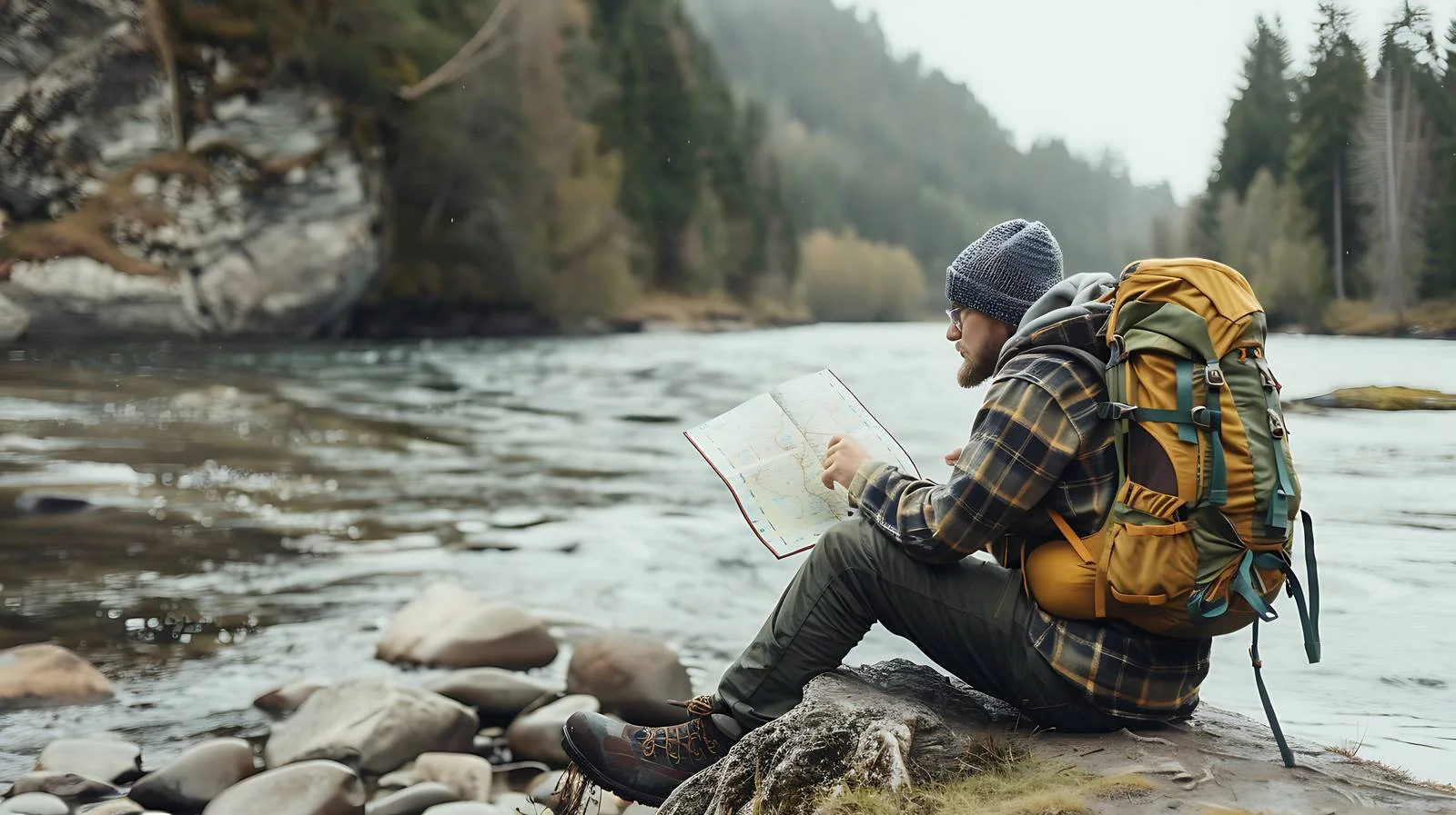 Serene Hiker Resting by Riverbank Map — free download from Dotvec