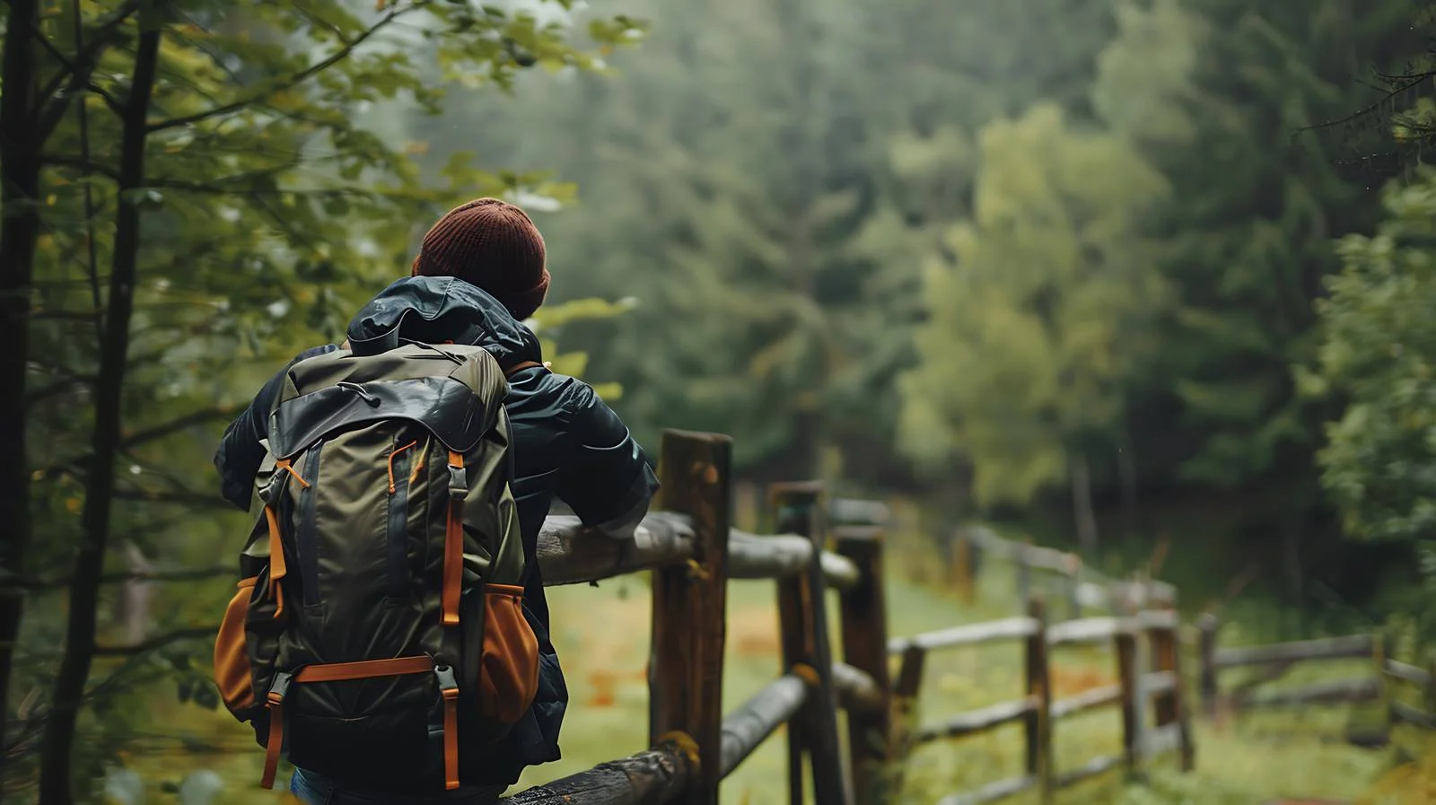 Serene Hiker Resting on Wooden Fence — free download from Dotvec