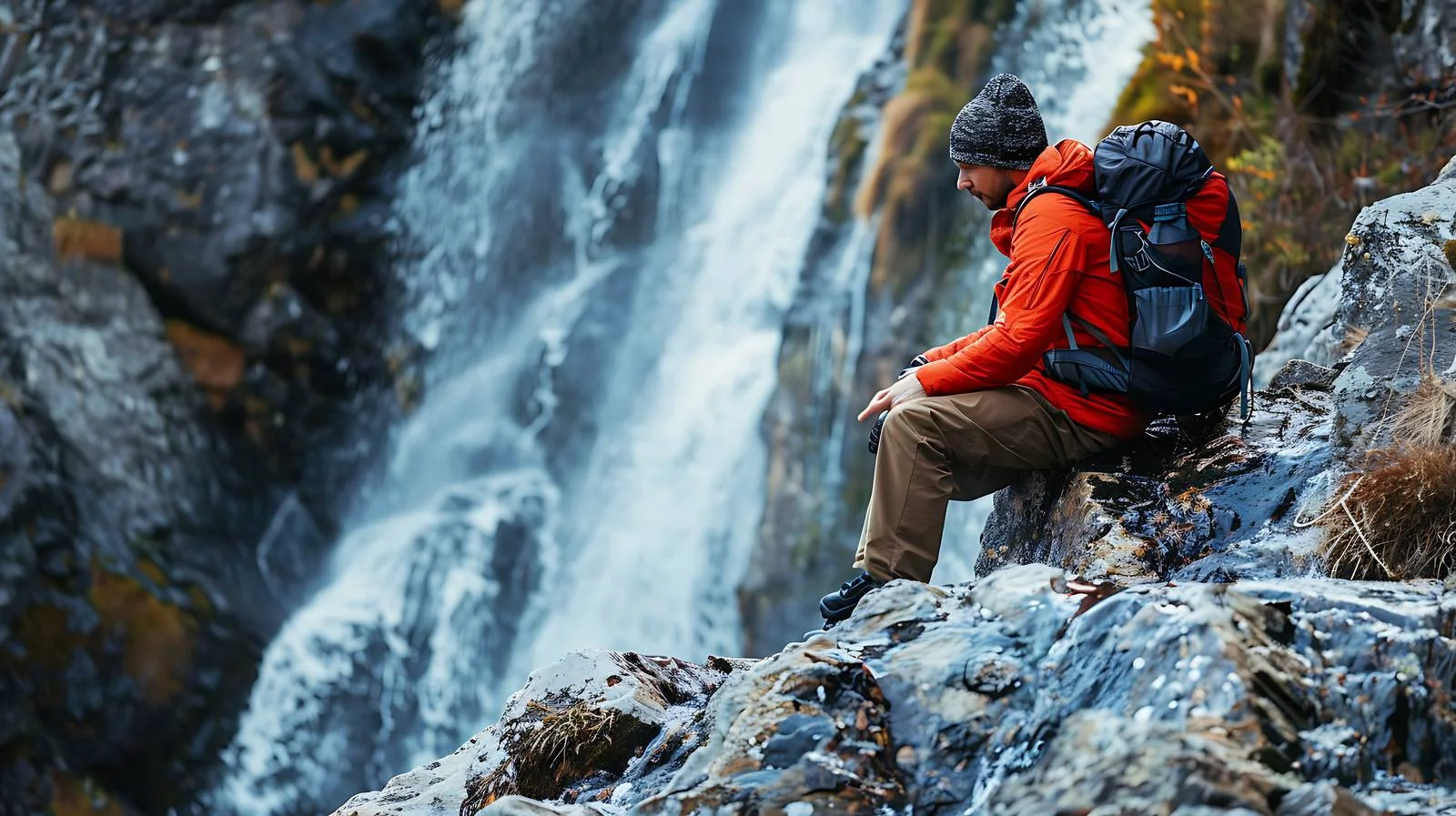 Tranquil Hiker Resting Near Waterfall — free download from Dotvec