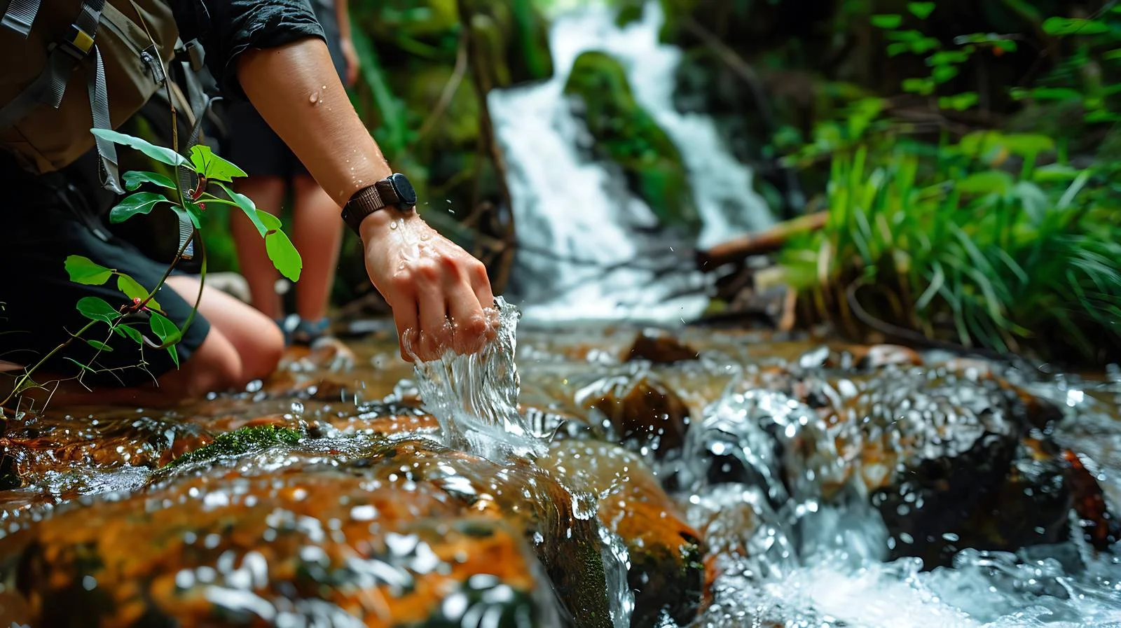 Nature Hikers Collecting Fresh Stream Water — free download from Dotvec