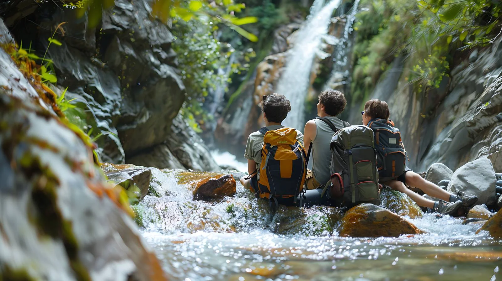 Hikers Relax by Waterfall Stream — free download from Dotvec
