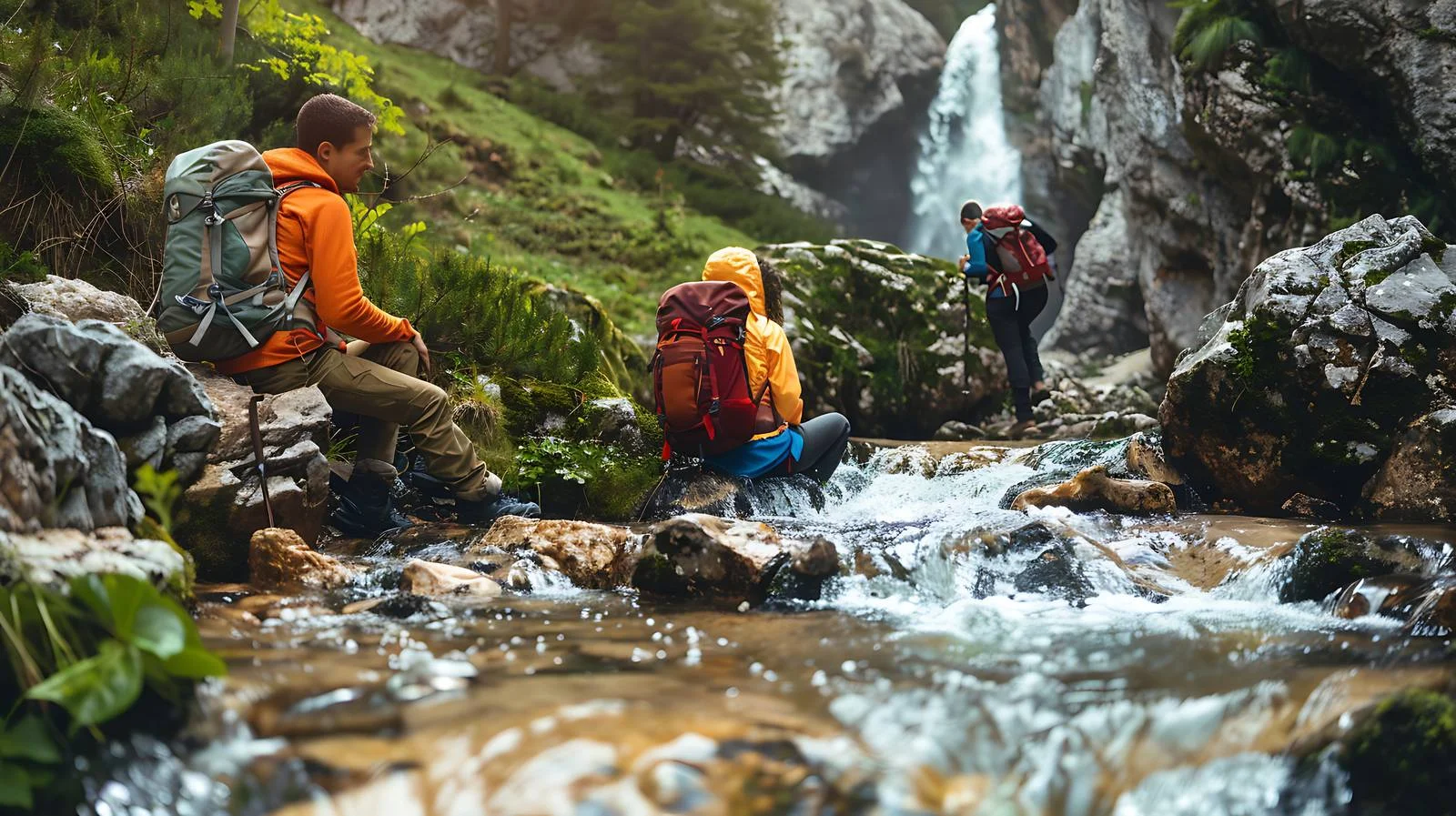 Tranquil Hikers Enjoying Waterfall Stream — free download from Dotvec