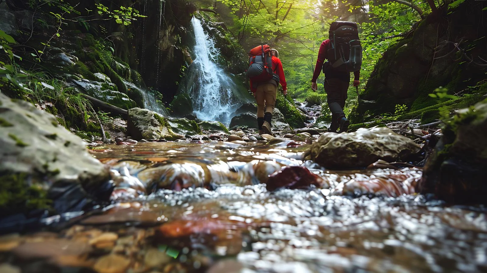 Hikers Crossing Rocky Stream — free download from Dotvec