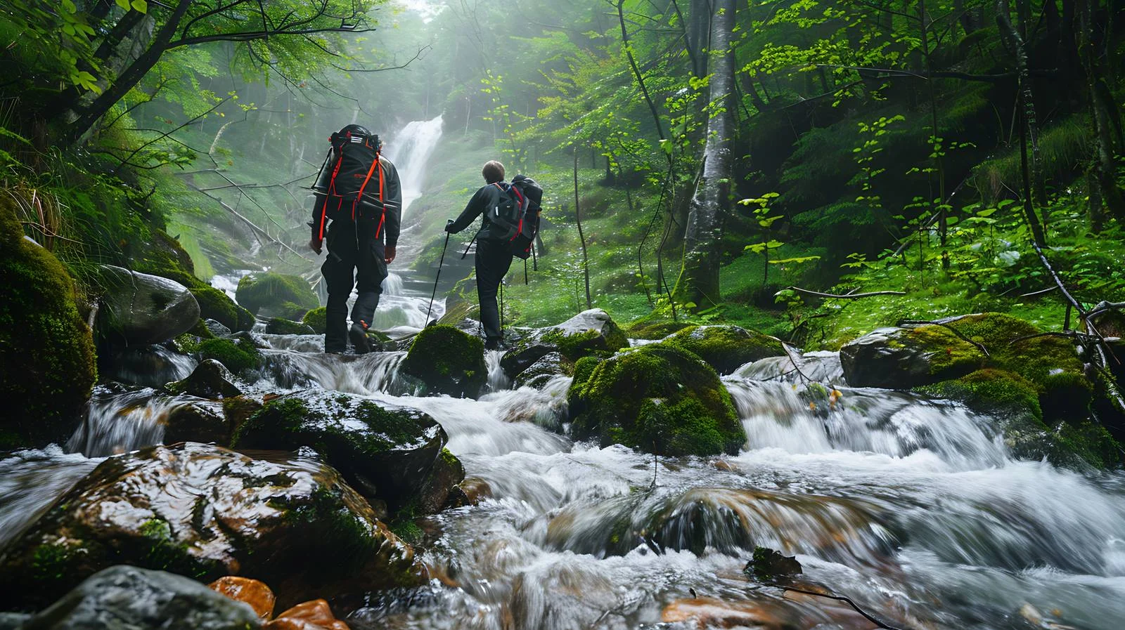 Hikers Crossing Stream on Rocky Terrain — free download from Dotvec