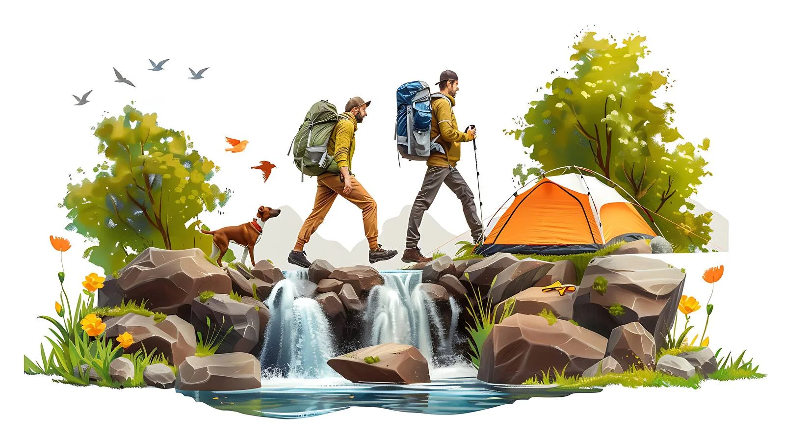 Hikers Crossing Stream with Dog — free download from Dotvec