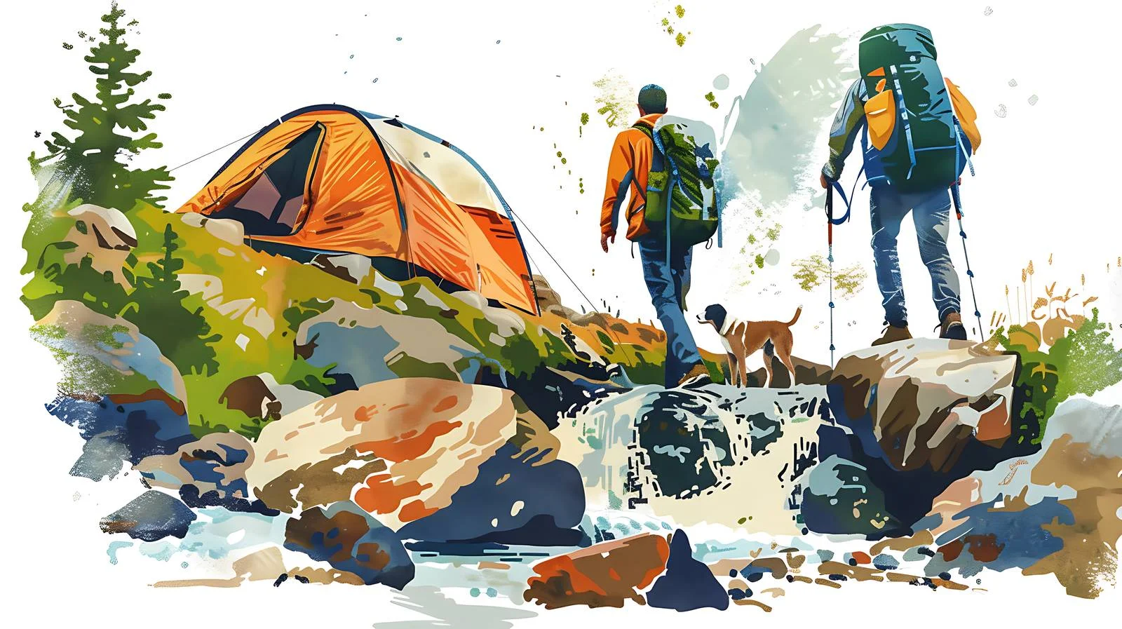 Exploration by Hikers with Dog in Stream — free download from Dotvec