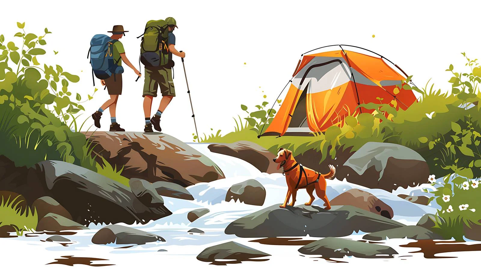 Scenic Hikers Crossing Stream with Dog — free download from Dotvec