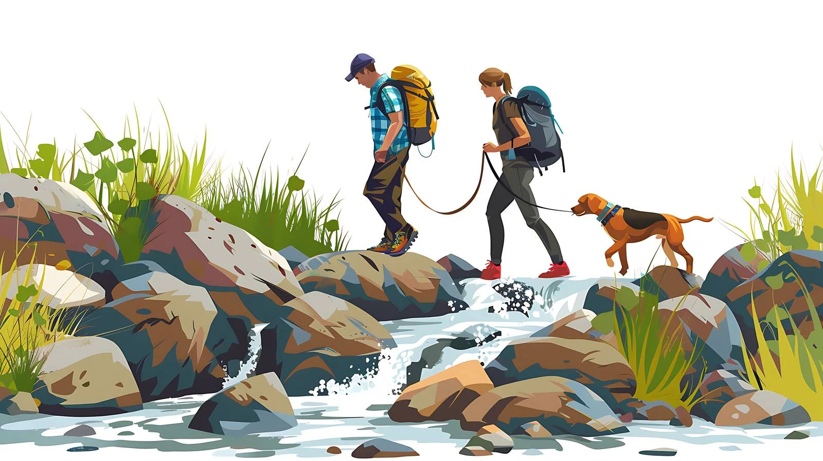 Hikers Crossing Stream with Dog — free download from Dotvec