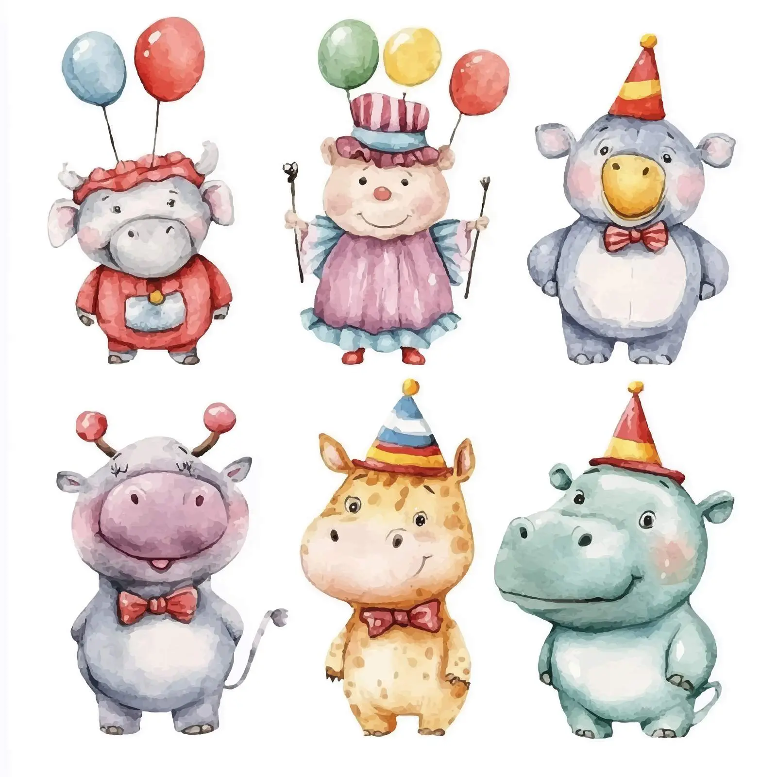 Cute Hippo and Giraffe Clowns in Watercolor — free download from Dotvec
