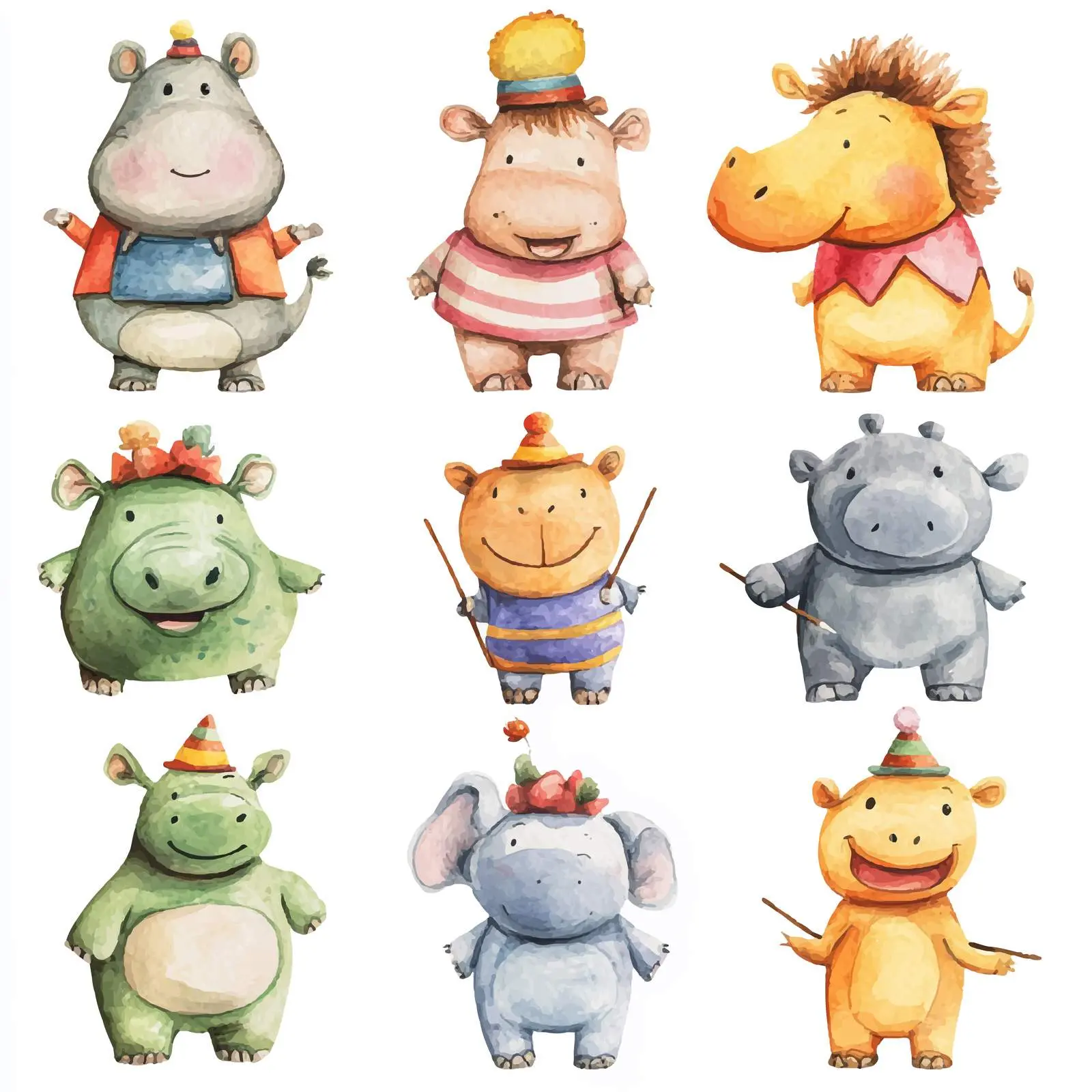 Cute Hippo and Giraffe Clowns in Watercolor — free download from Dotvec