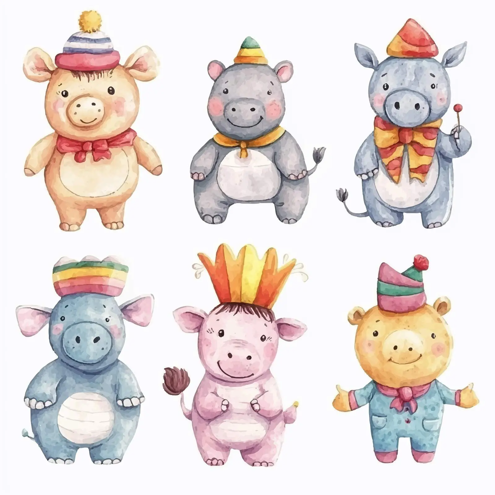 Cute Hippo and Giraffe Clowns in Watercolor Art — free download from Dotvec
