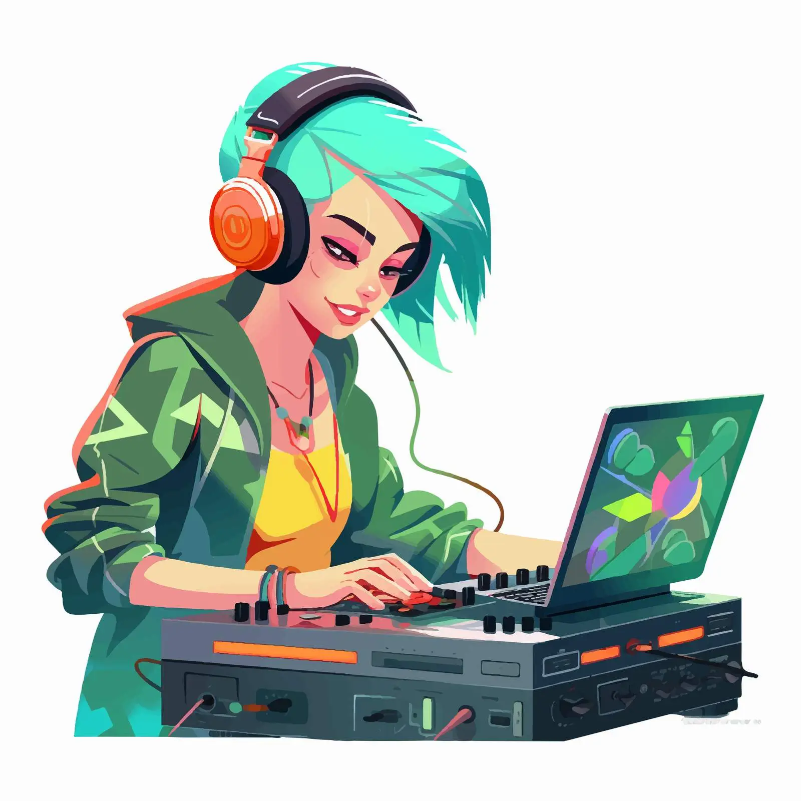 Hipster Female DJ with Green Hair Playing Music — free download from Dotvec