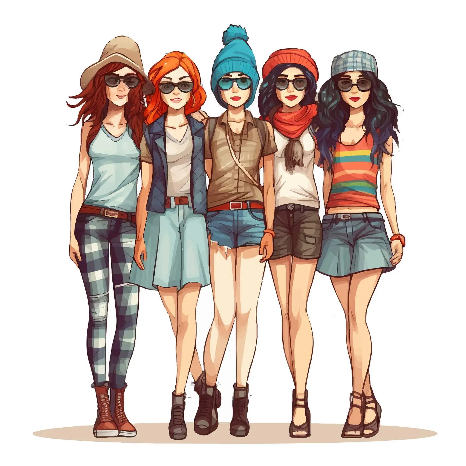 Hipster Girls Group Illustration Vector Art – free casual outfits image from Dotvec