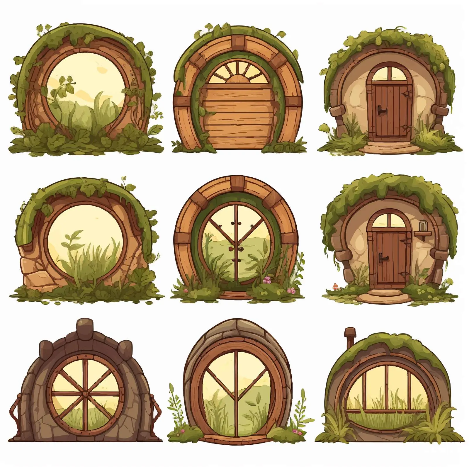 Cartoon Hobbit House Windows Set Illustration — free download from Dotvec