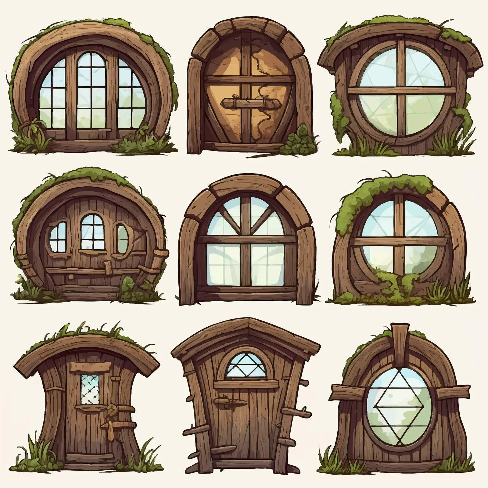 Hobbit House Windows Set Illustration — free download from Dotvec
