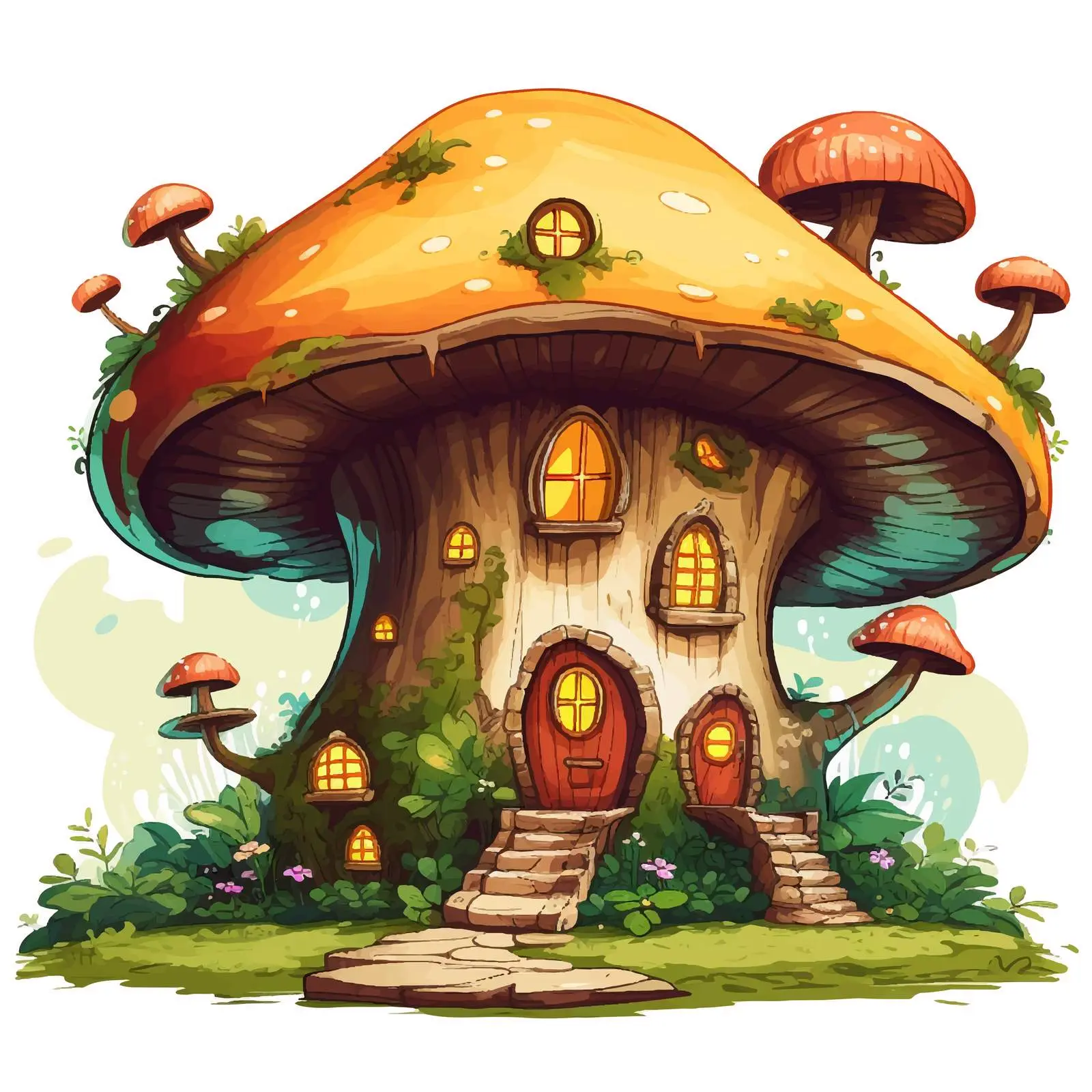 Hollow Tree and Mushroom Houses in Enchanted Forest — free download from Dotvec