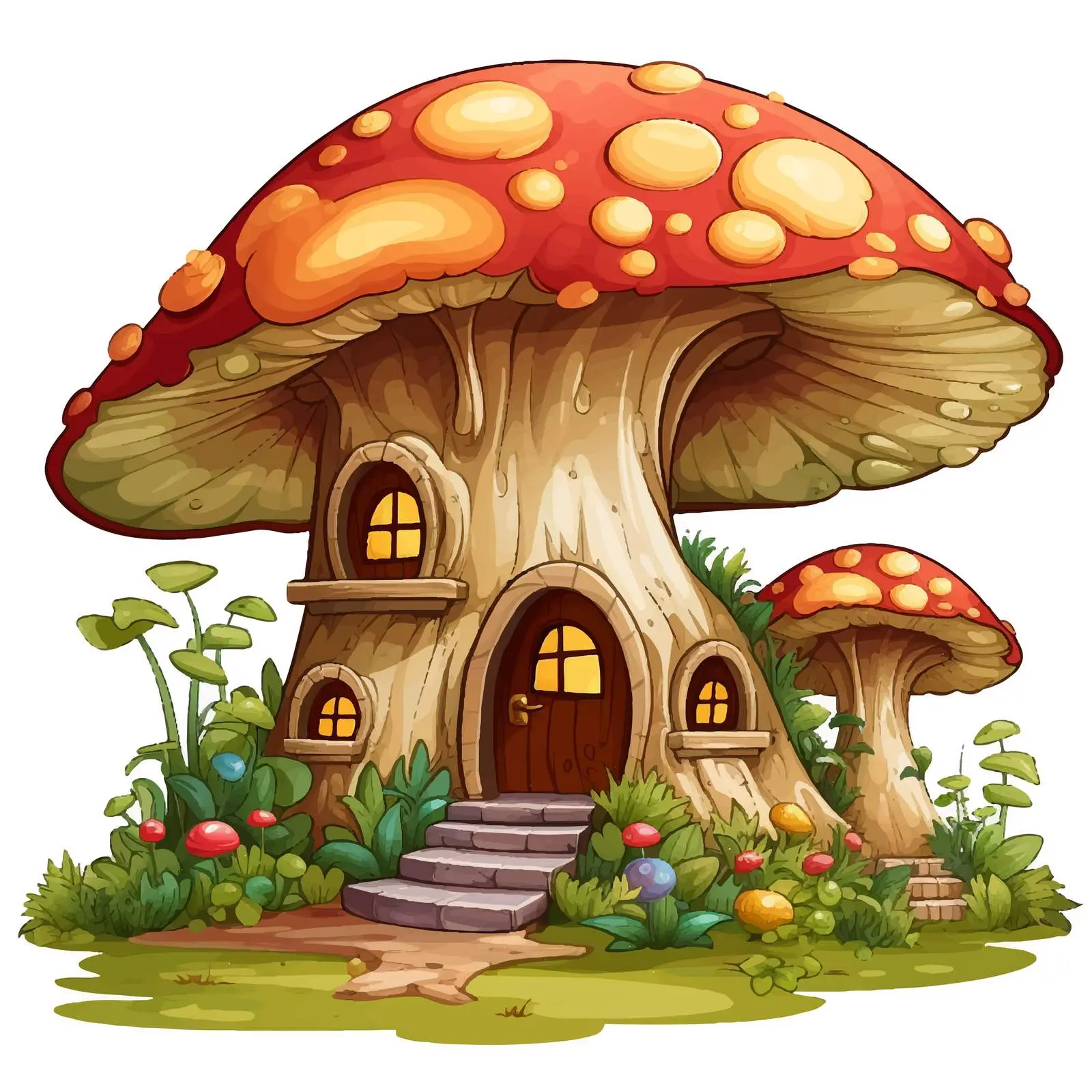 Enchanted Hollow Tree and Mushroom House Vector – free fairy tale theme image from Dotvec