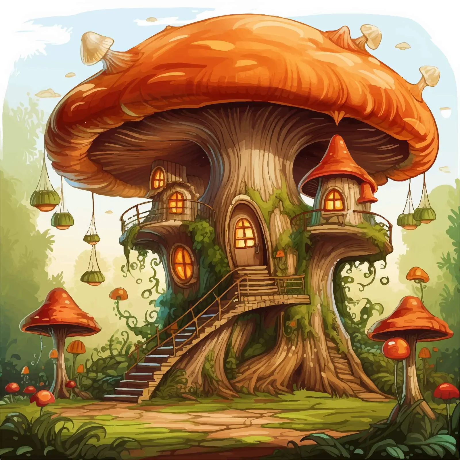 Enchanting Tree and Mushroom House in Forest — free download from Dotvec