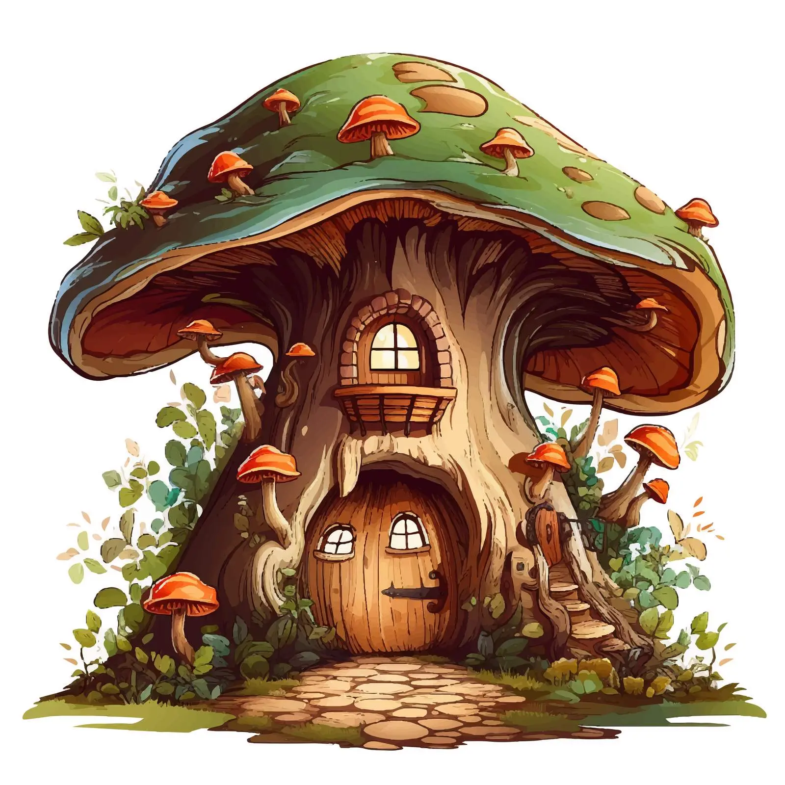 Hollow Tree and Mushroom House in Enchanted Forest — free download from Dotvec