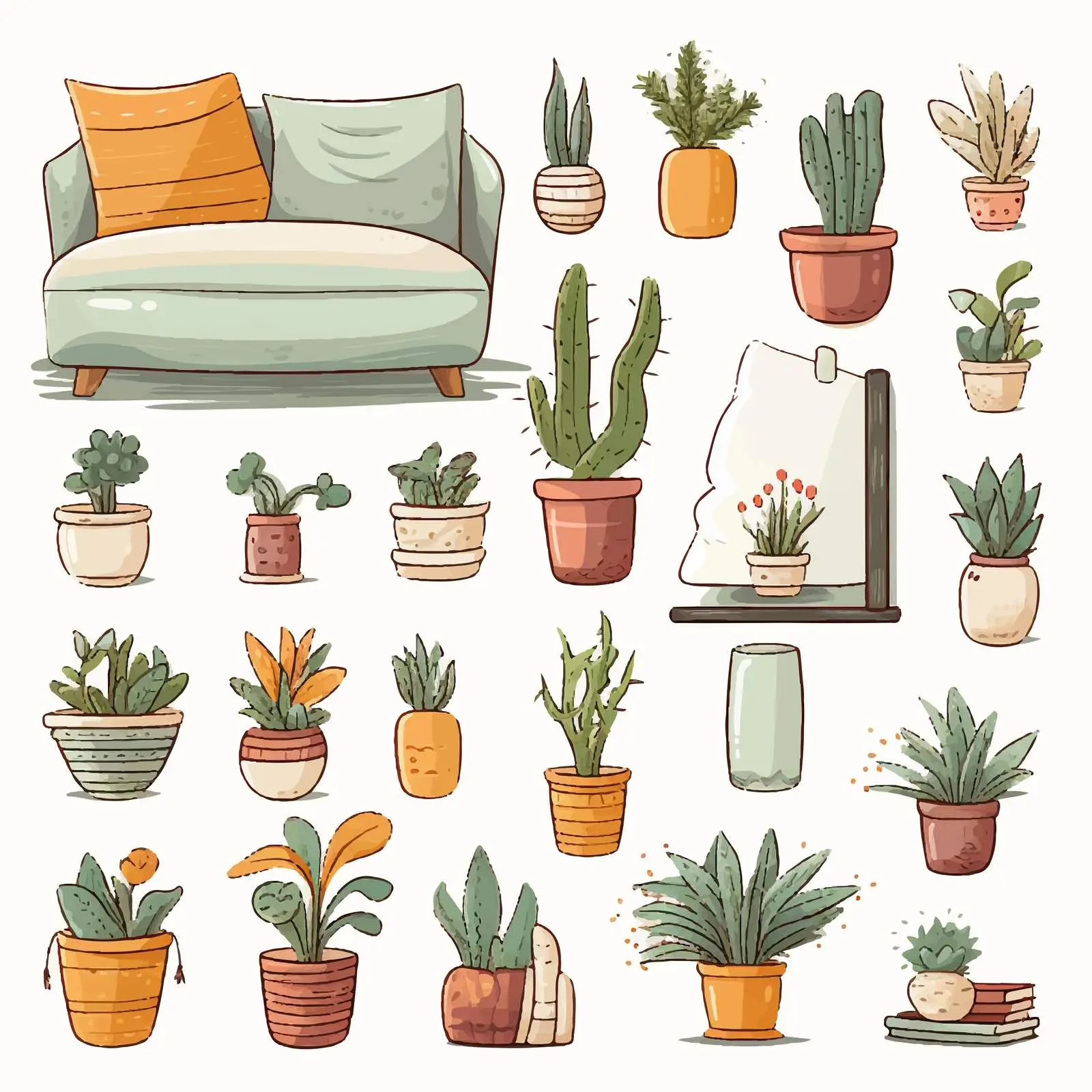 Hand-Drawn Home Decor Potted Plants Illustration Set – free decorative artwork image from Dotvec