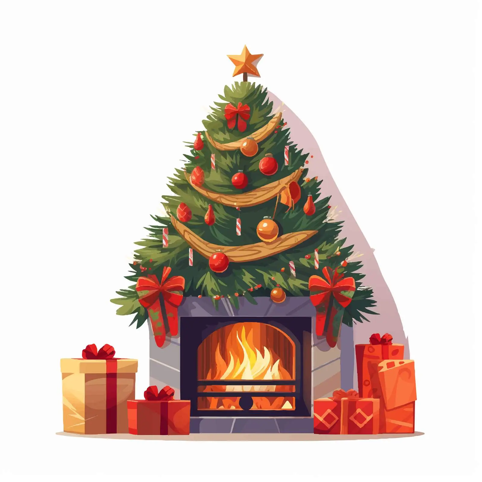 Festive Fireplace with Christmas Tree and Ornaments — free download from Dotvec