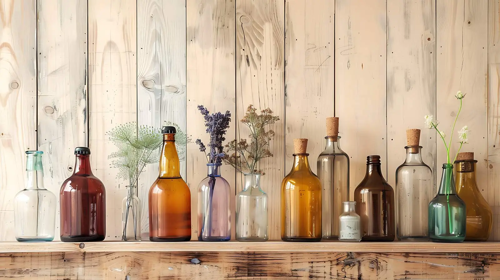 Vintage Bottles on Wooden Wall Decor — free download from Dotvec