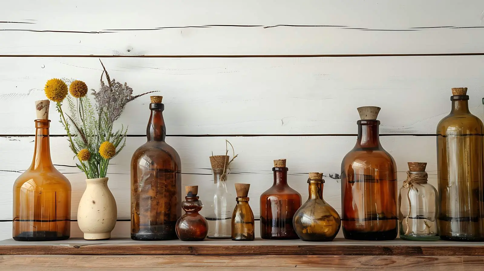 Vintage Bottles Against Wooden Wall Interior Decor — free download from Dotvec