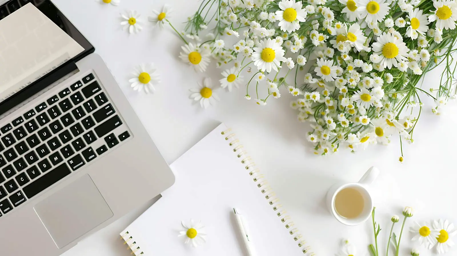 Cozy Home Office Workspace with Laptop and Flowers — free download from Dotvec