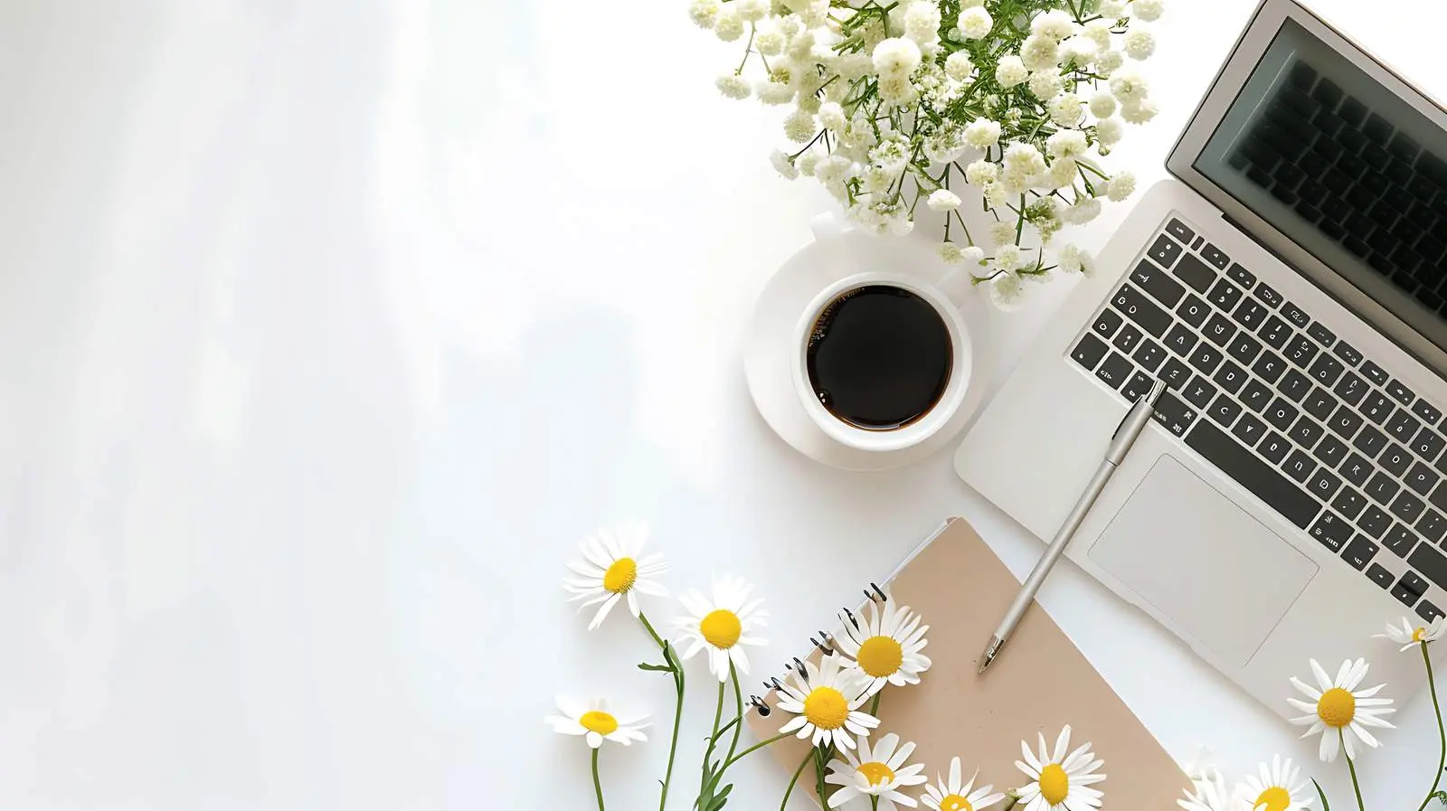 Charming Home Office Desk with Laptop and Flowers — free download from Dotvec