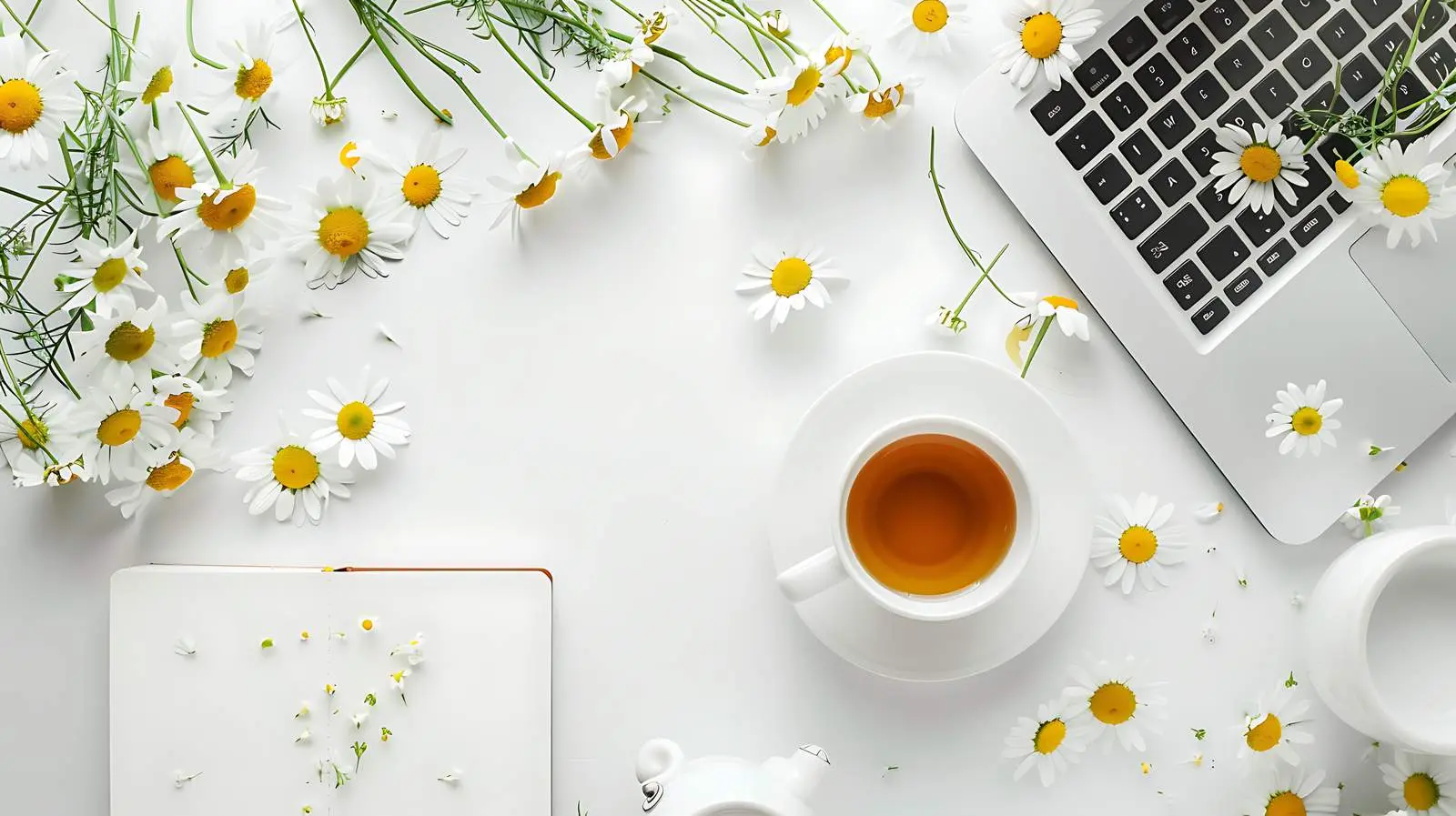 Home Office Workspace with Laptop and Chamomile Flowers — free download from Dotvec