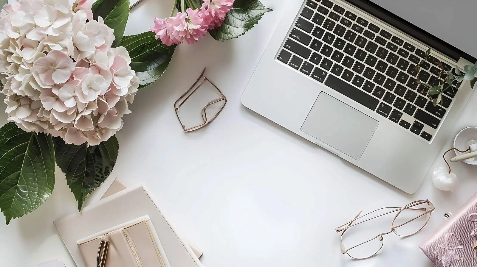 Cozy Home Office Desk with Laptop and Hydrangeas — free download from Dotvec