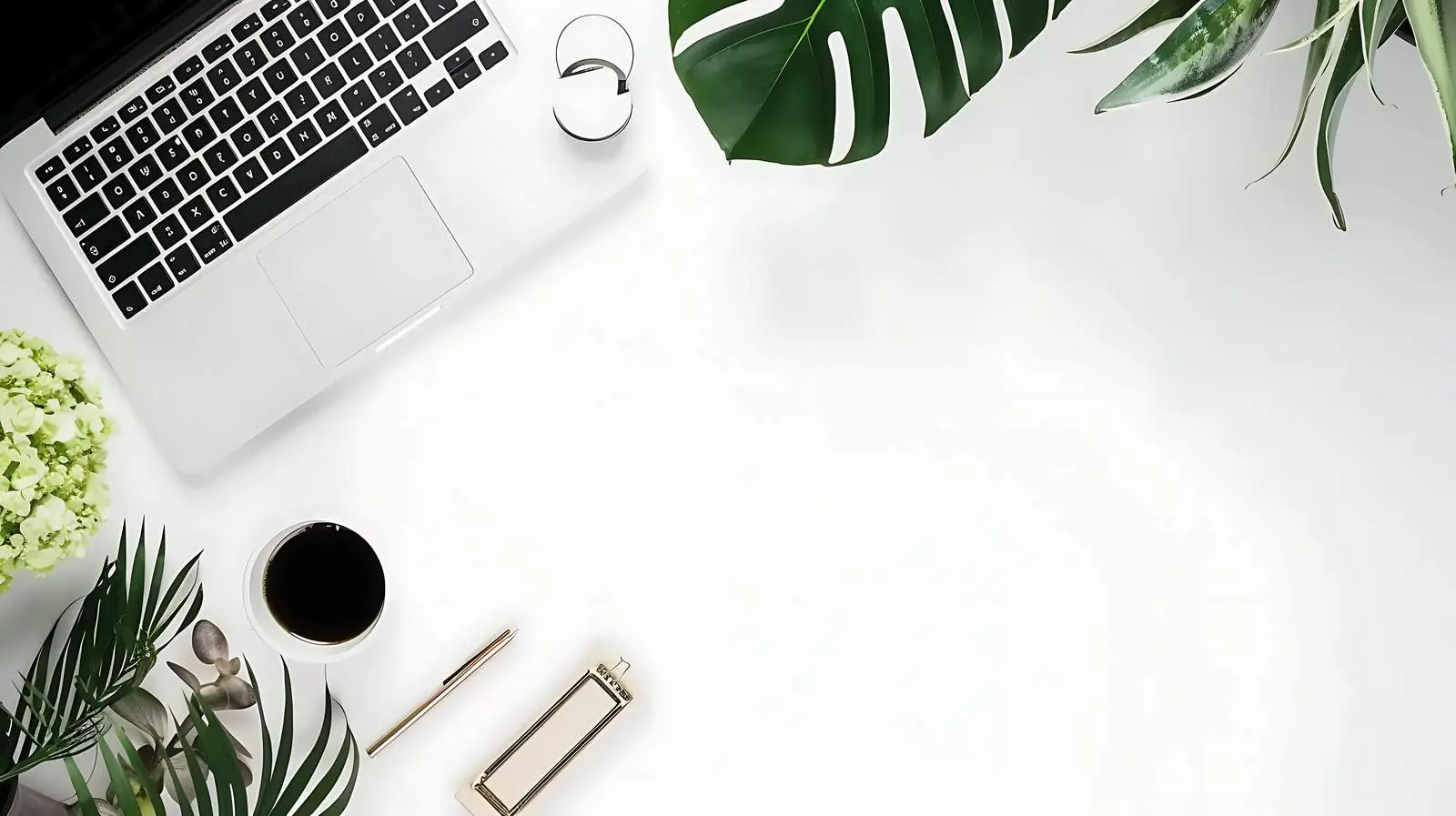 Home Office Desk with Laptop and Hydrangea Flowers — free download from Dotvec