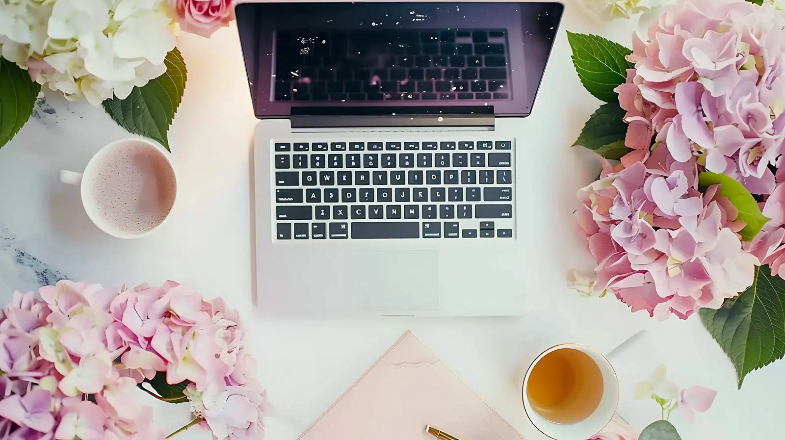 Modern Home Office Desk Setup with Laptop and Flowers – free hydrangea flower image from Dotvec