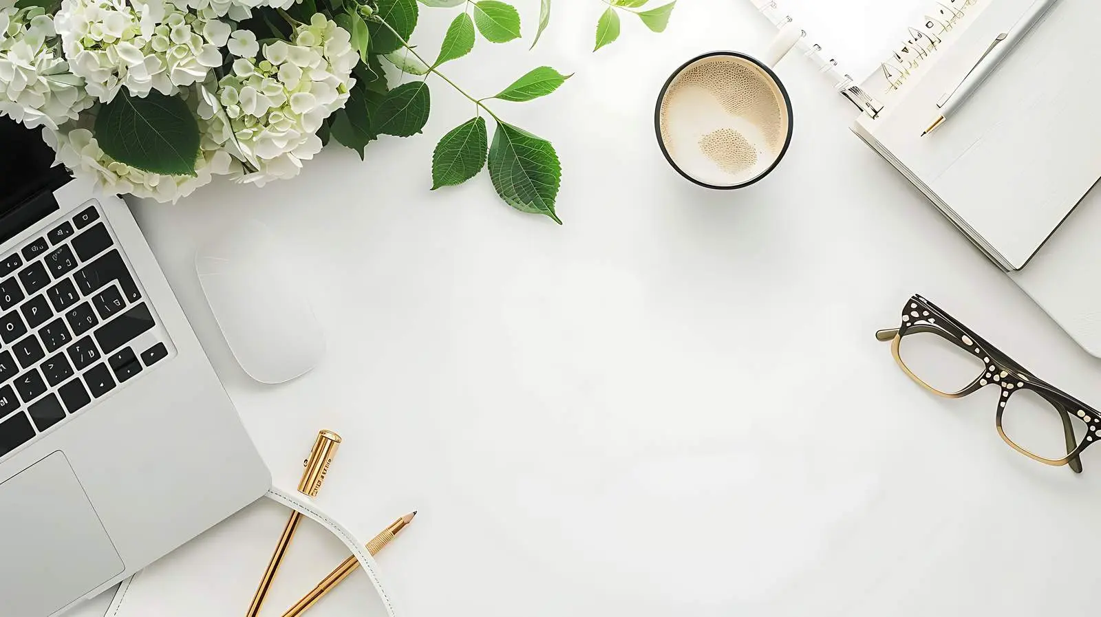 Home Office Desk Workspace with Laptop and Hydrangeas — free download from Dotvec