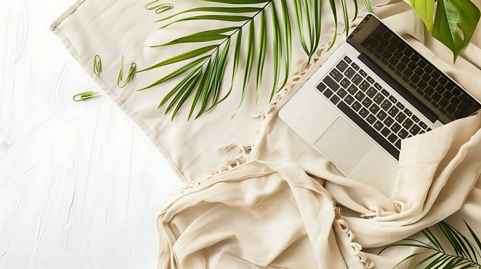 Modern Home Office Workspace with Laptop and Foliage — free download from Dotvec