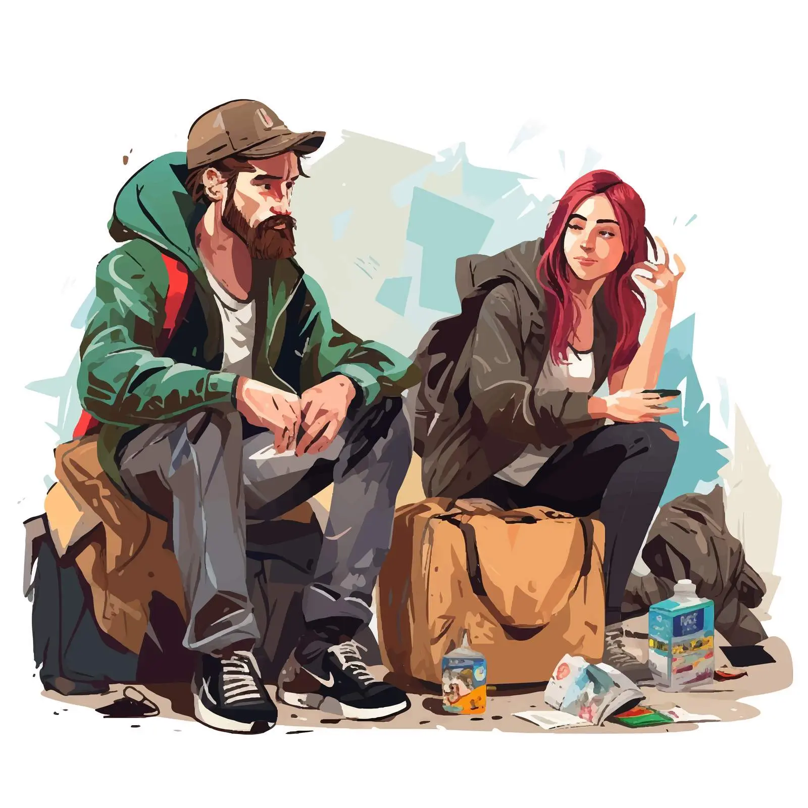 Homeless People Illustration Near Garbage — free download from Dotvec