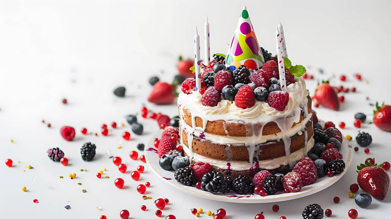 Celebratory Cake with Berries and Birthday Hat — free download from Dotvec
