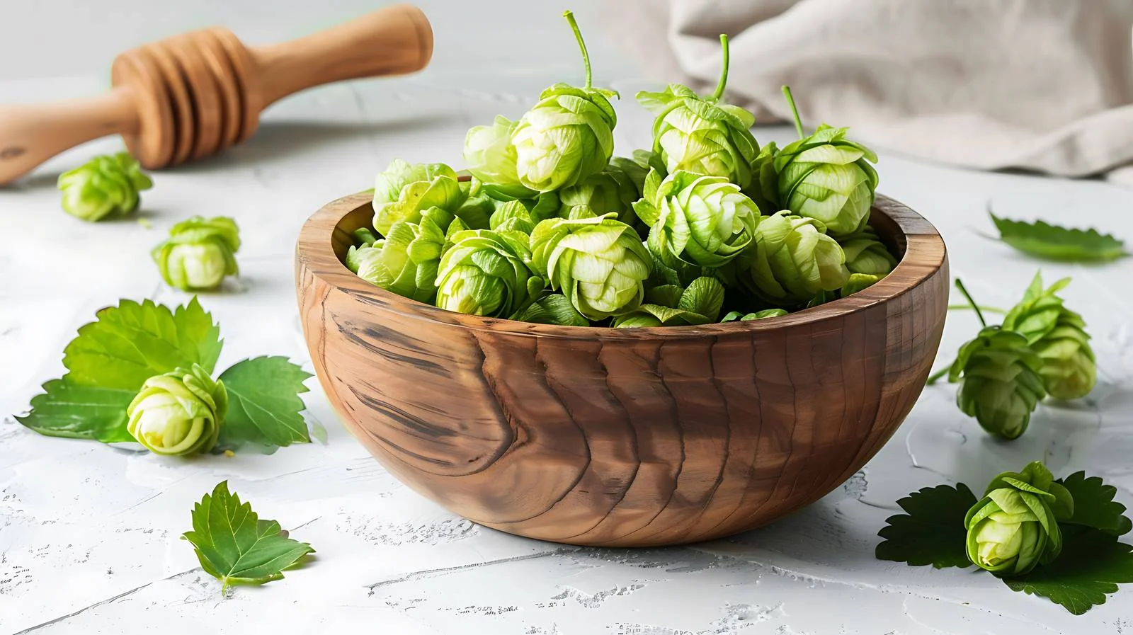 Vibrant Green Whole Hops in Wooden Bowl — free download from Dotvec