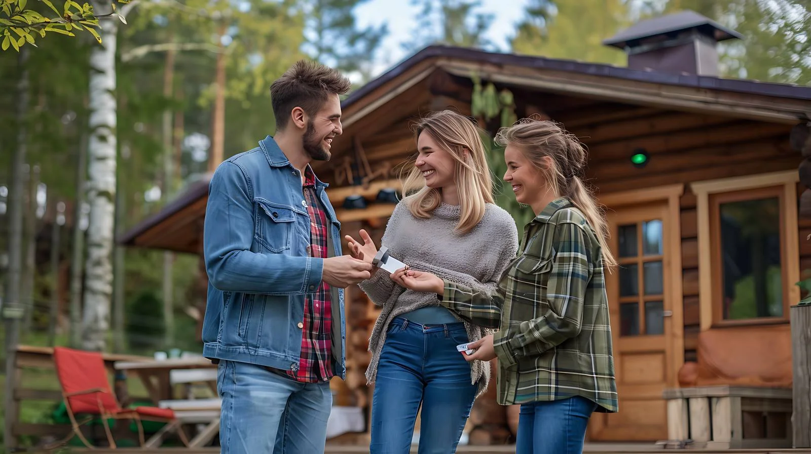 Warm Host Greeting Young Couple by Cabin — free download from Dotvec