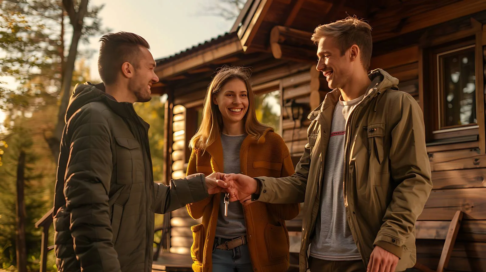 Warm Host Greets Youthful Couple Outside Cozy Cottage — free download from Dotvec