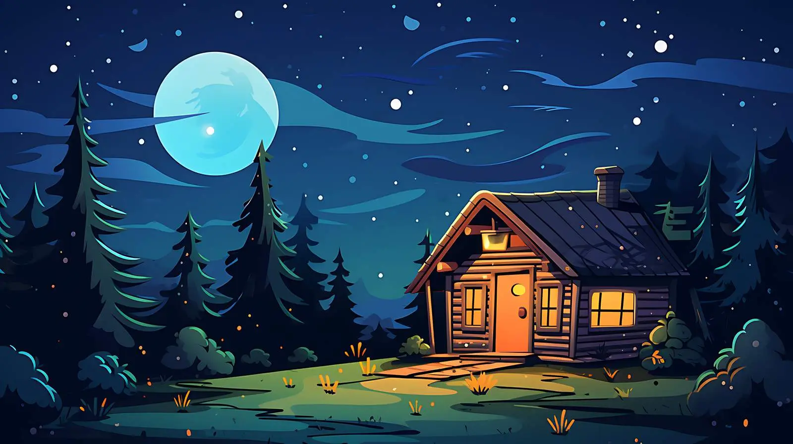 Enchanted Cartoon Cottage at Night — free download from Dotvec