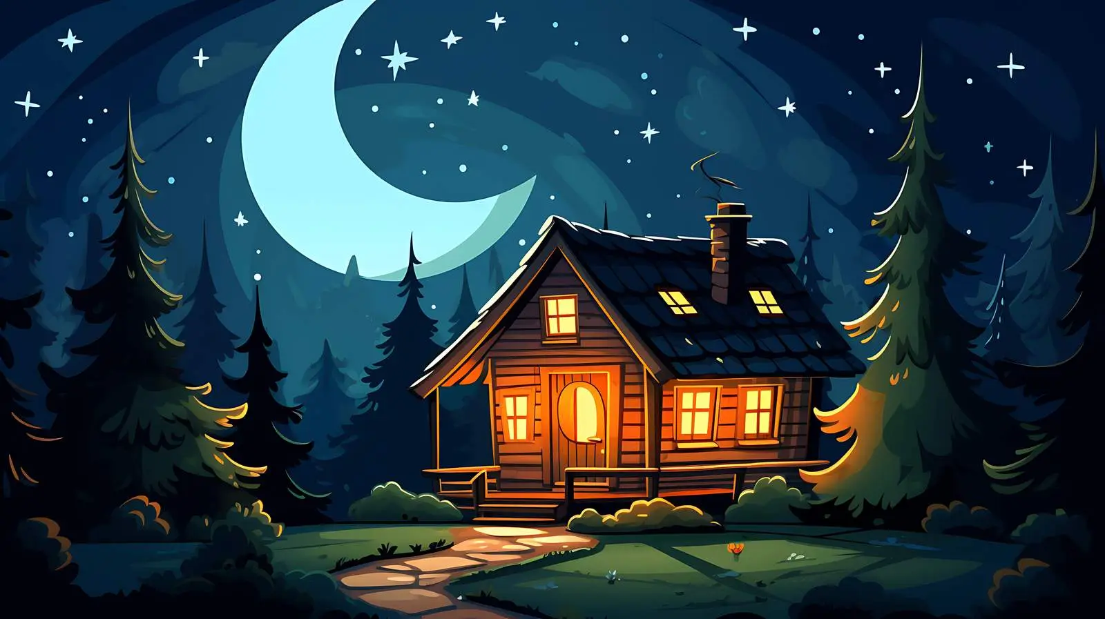 Nighttime Cartoon Rustic Cottage Illustration — free download from Dotvec