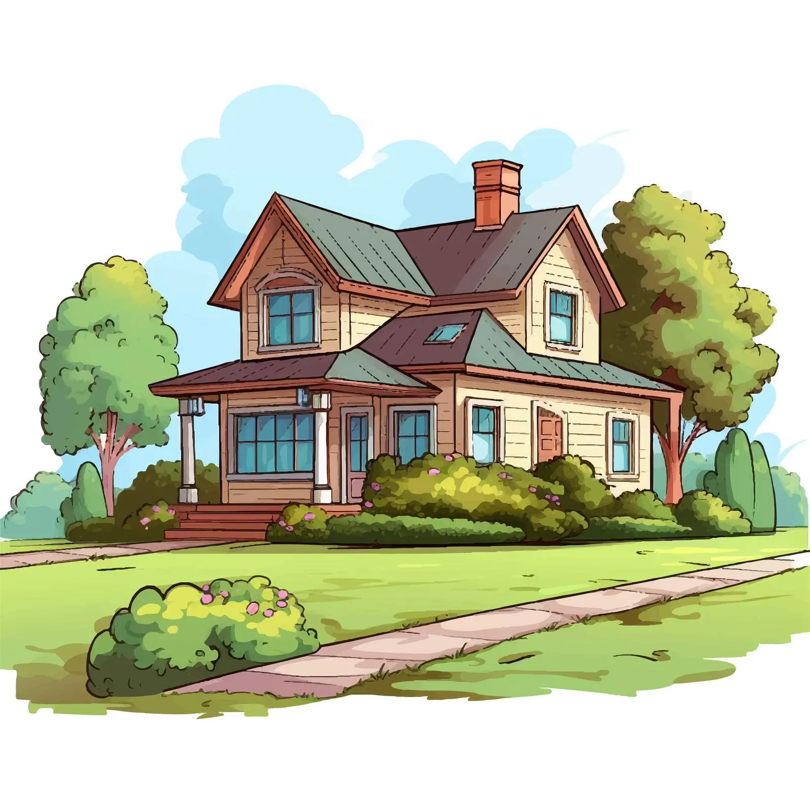 Cartoon House with Large Lawn Illustration — free download from Dotvec