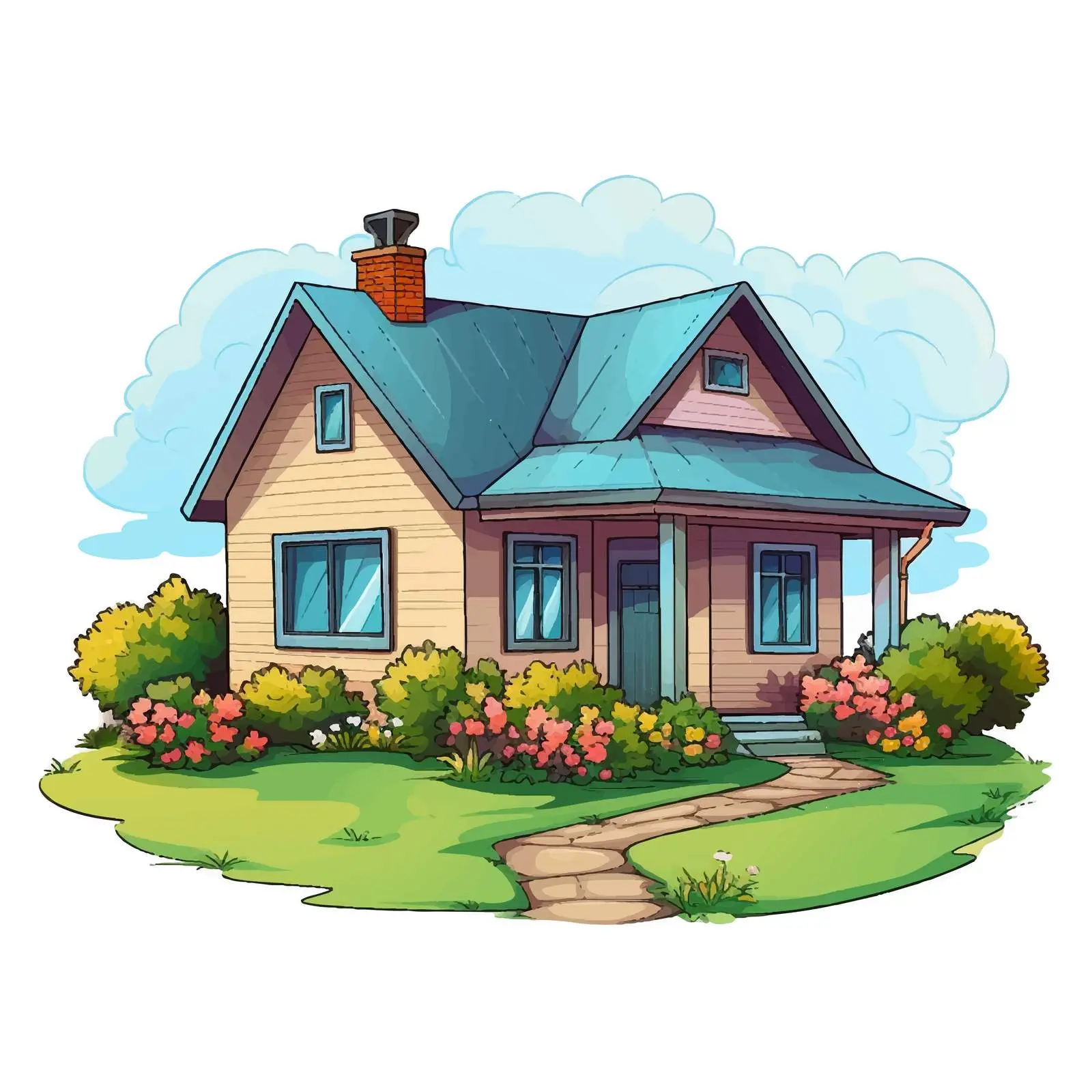 Cartoon House with Big Lawn Illustration — free download from Dotvec
