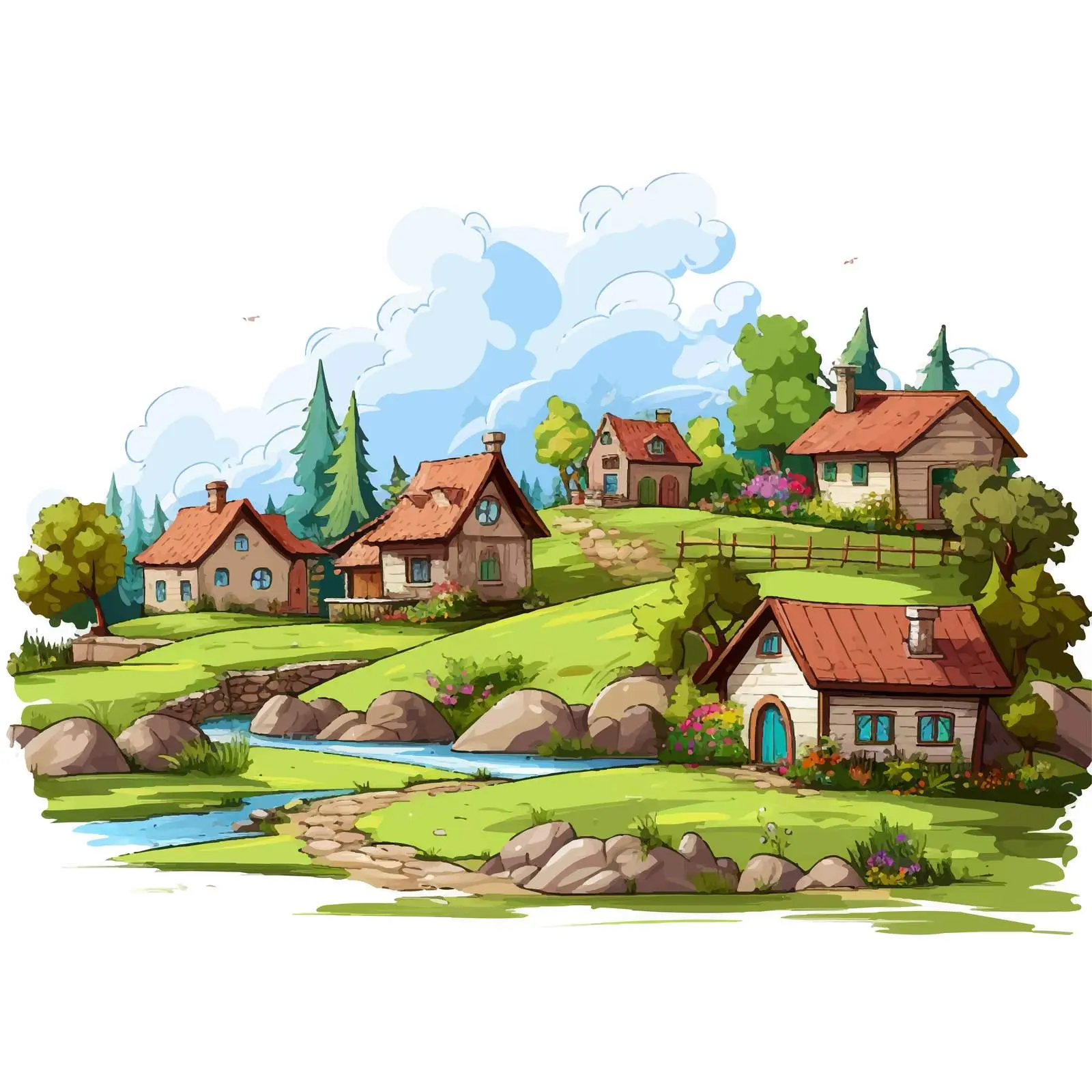 Charming Cartoon Houses in the Countryside — free download from Dotvec