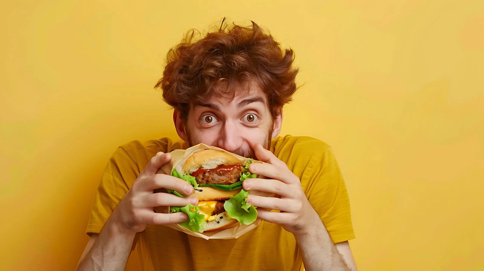 Young Man Enjoying Sandwich Wrap on Yellow — free download from Dotvec